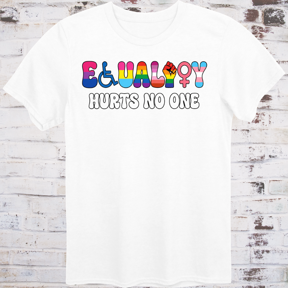 The word EQUALITY spelled using inclusive movement symbols — wheelchair icon, lambda, progress pride fist, lesbian symbol, Venus sign, and trans symbol — above HURTS NO ONE in bold white text on a dark background.