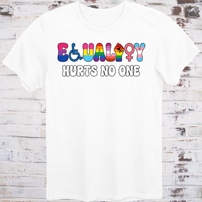 The word EQUALITY spelled using inclusive movement symbols — wheelchair icon, lambda, progress pride fist, lesbian symbol, Venus sign, and trans symbol — above HURTS NO ONE in bold white text on a dark background.