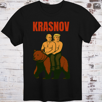 Stylized graphic of two shirtless men riding a bear — one resembling Putin, one Trump — with text “Krasnov”