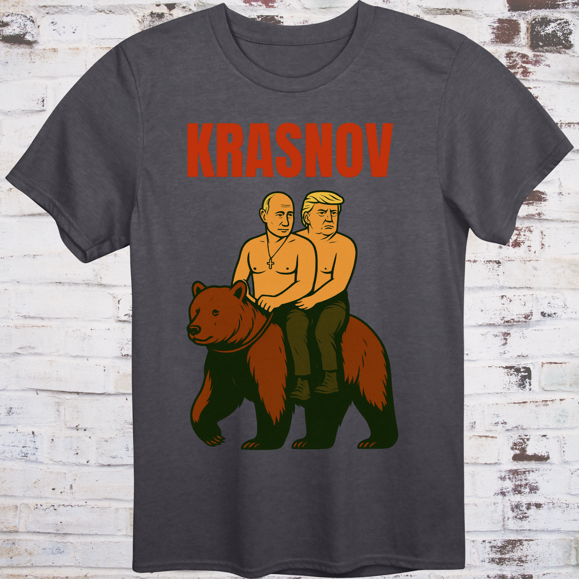 Stylized graphic of two shirtless men riding a bear — one resembling Putin, one Trump — with text “Krasnov”