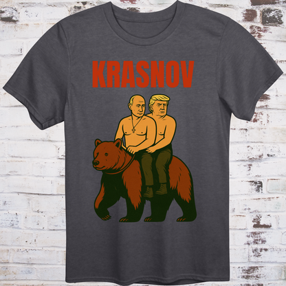 Stylized graphic of two shirtless men riding a bear — one resembling Putin, one Trump — with text “Krasnov”