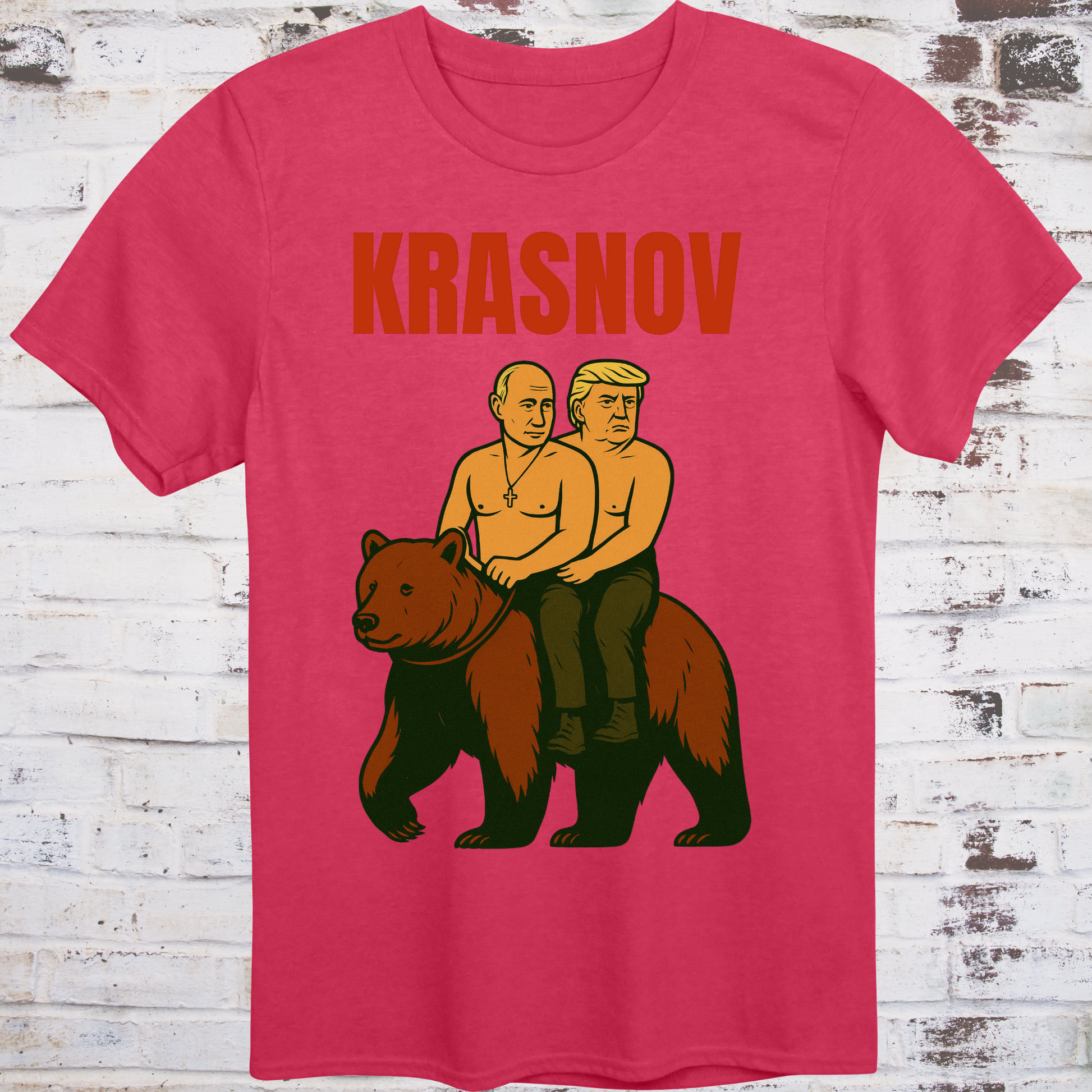 Stylized graphic of two shirtless men riding a bear — one resembling Putin, one Trump — with text “Krasnov”