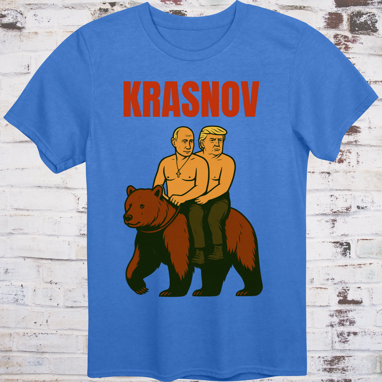 Stylized graphic of two shirtless men riding a bear — one resembling Putin, one Trump — with text “Krasnov”