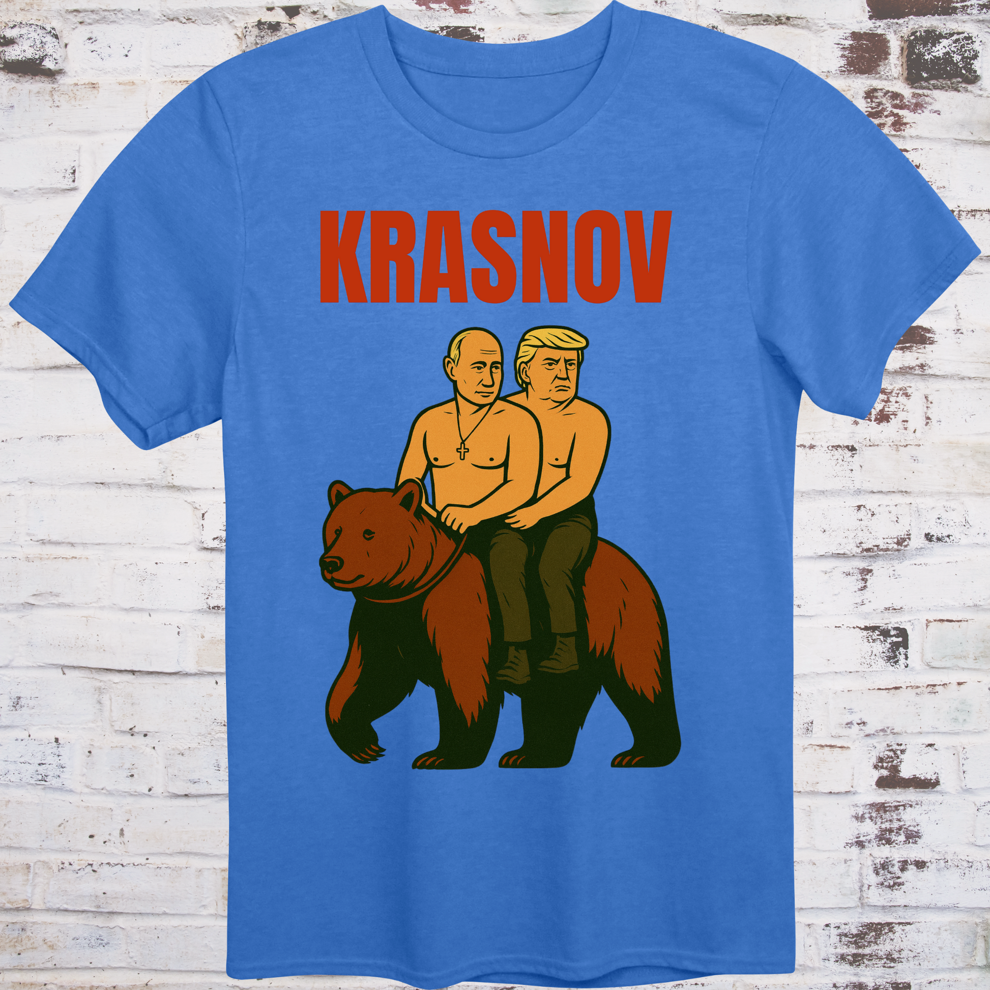 Stylized graphic of two shirtless men riding a bear — one resembling Putin, one Trump — with text “Krasnov”
