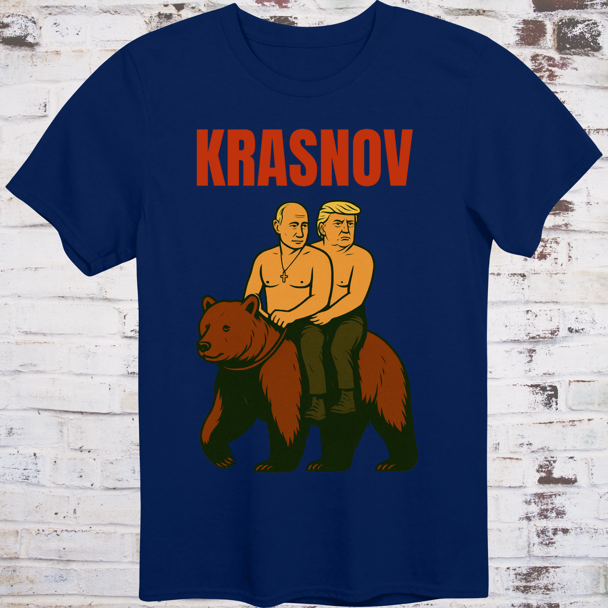 Stylized graphic of two shirtless men riding a bear — one resembling Putin, one Trump — with text “Krasnov”