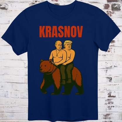 Stylized graphic of two shirtless men riding a bear — one resembling Putin, one Trump — with text “Krasnov”