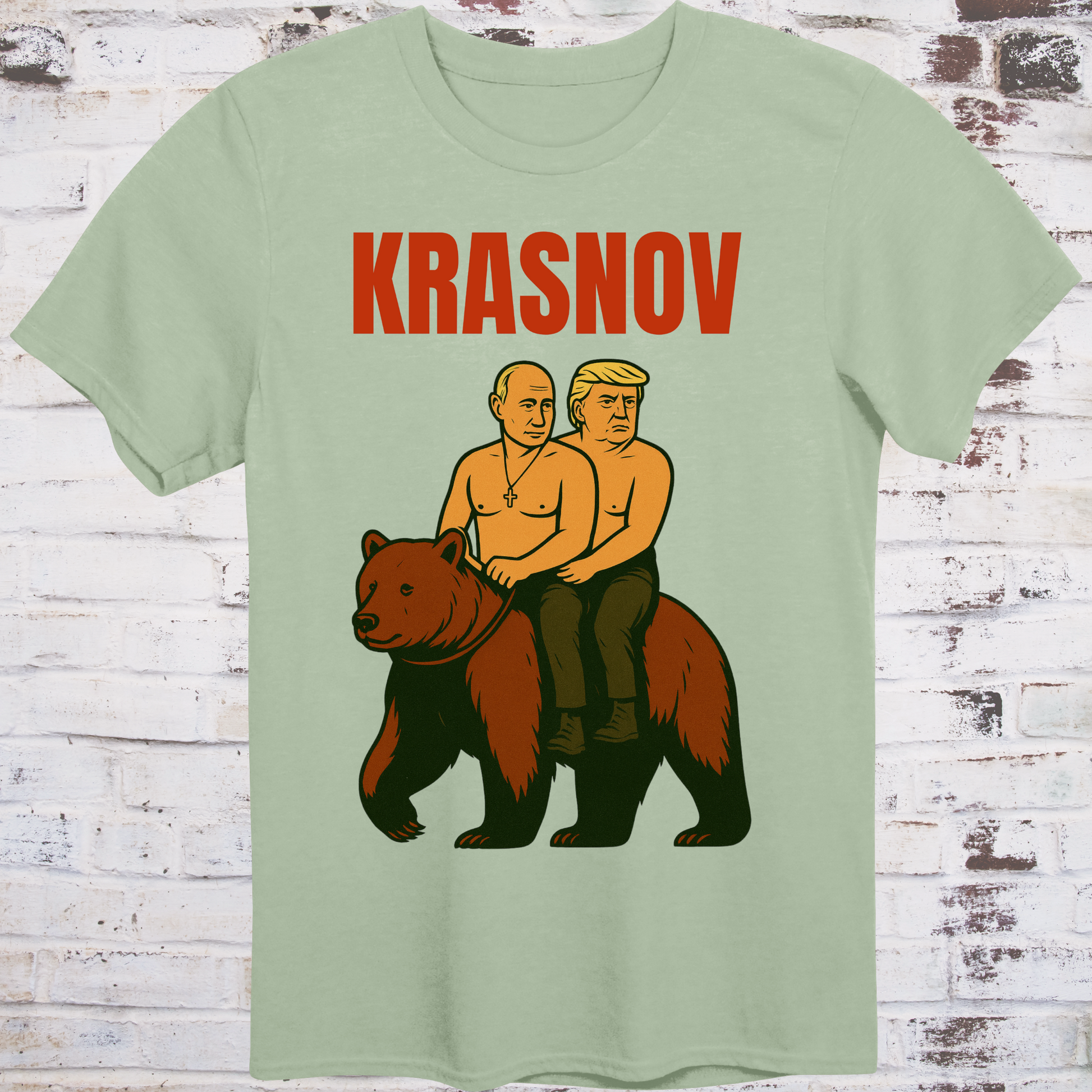 Stylized graphic of two shirtless men riding a bear — one resembling Putin, one Trump — with text “Krasnov”