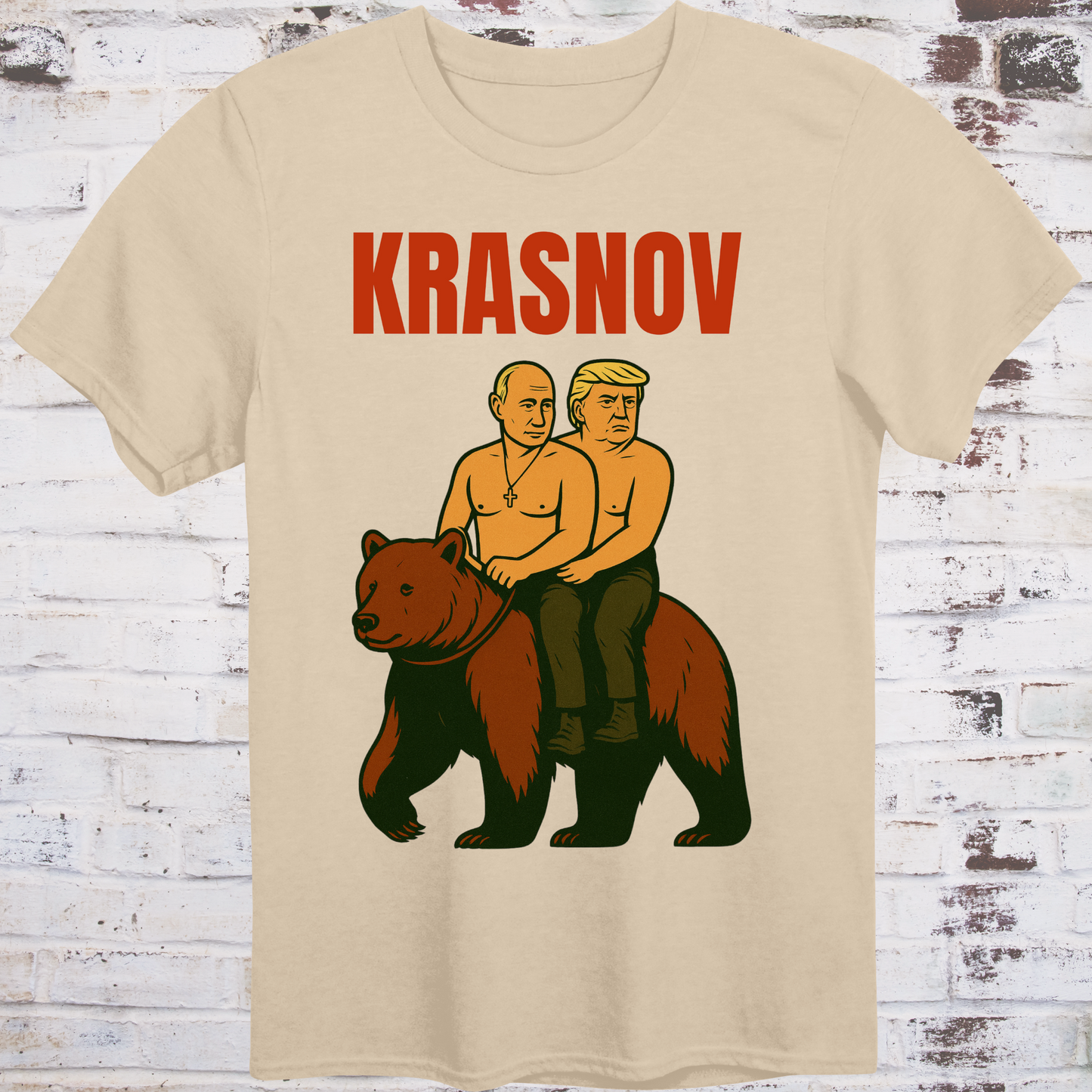 Stylized graphic of two shirtless men riding a bear — one resembling Putin, one Trump — with text “Krasnov”