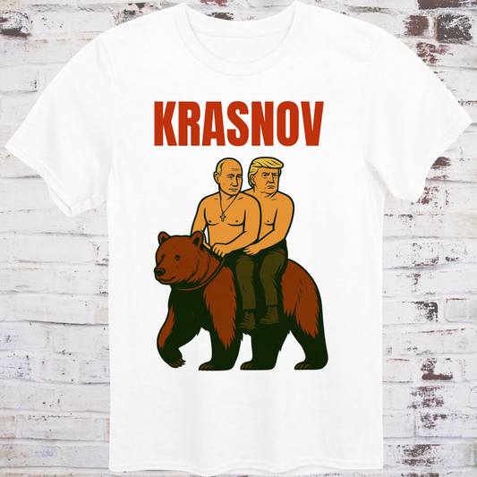 Stylized graphic of two shirtless men riding a bear — one resembling Putin, one Trump — with text “Krasnov”