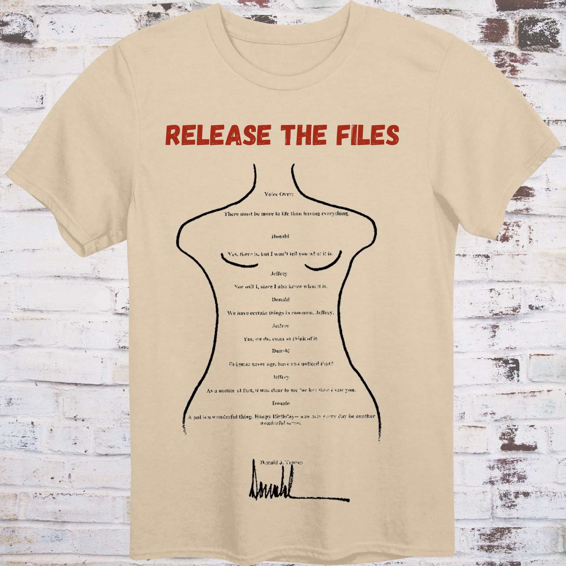 Image of a tee showing Trump’s birthday card to Epstein with large red text “RELEASE THE FILES”