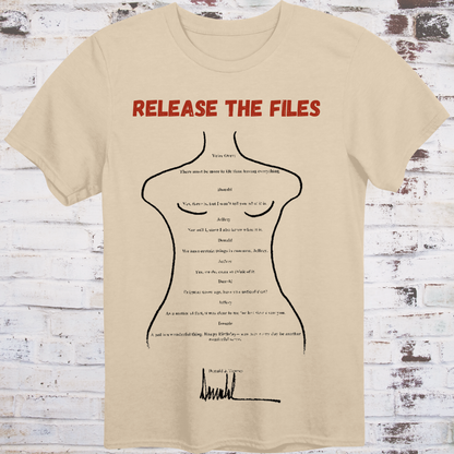 Image of a tee showing Trump’s birthday card to Epstein with large red text “RELEASE THE FILES”