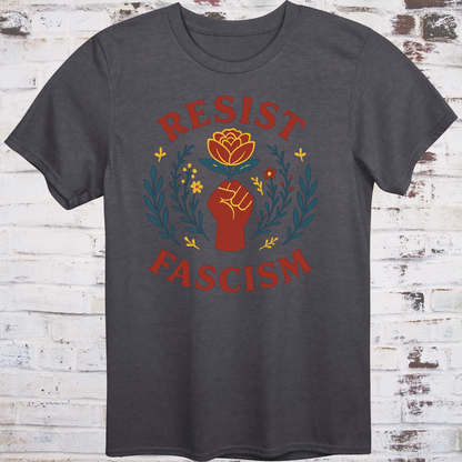 Floral protest design featuring a raised fist, red rose, and leafy accents with "Resist Fascism" text
