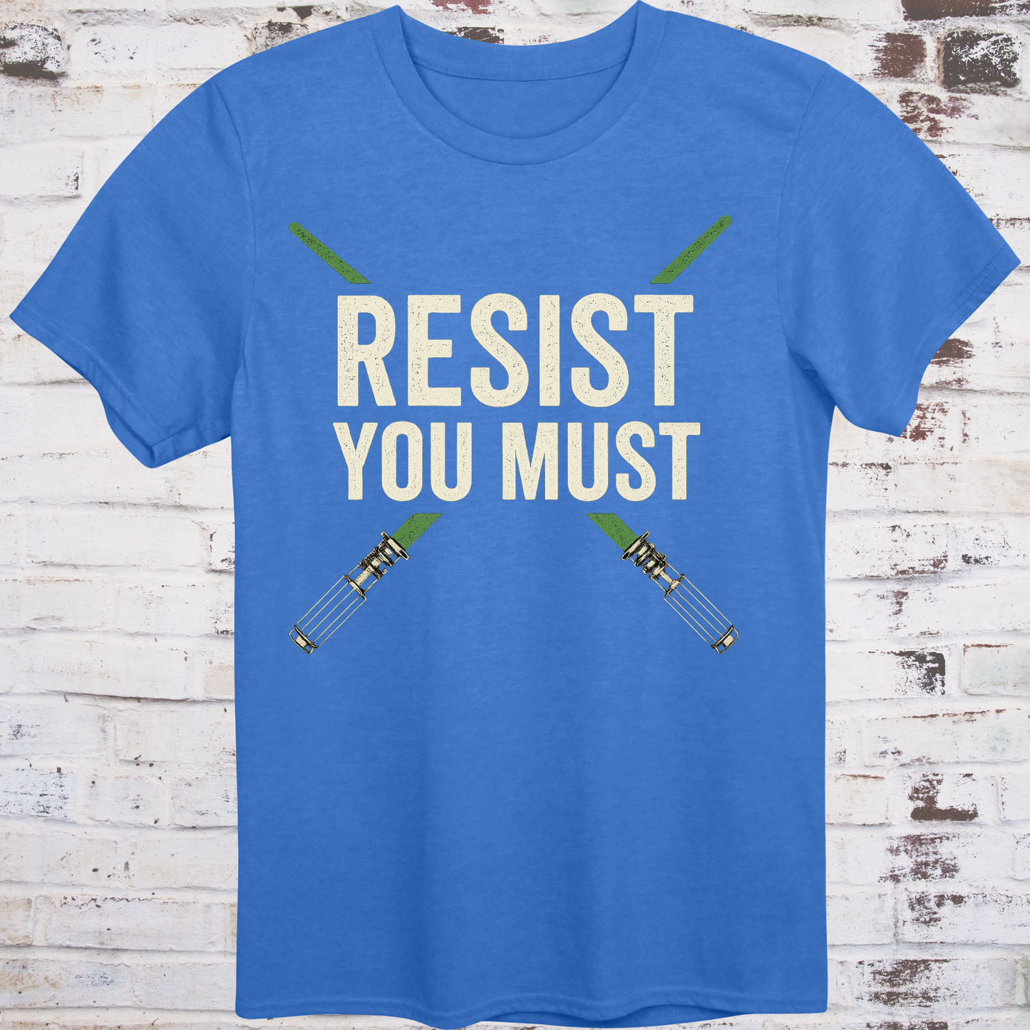 Sci-fi protest tee with green lightsabers and bold block text: “Resist You Must”