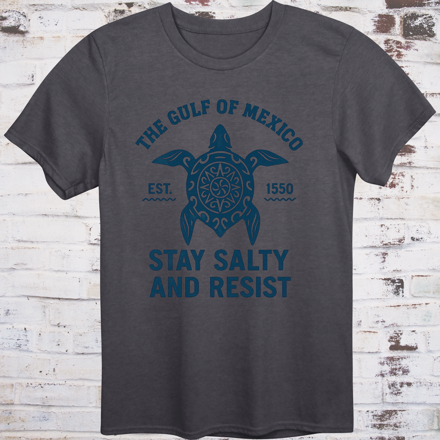 Tribal‑style sea turtle artwork with text “Stay Salty and Resist — Gulf of America (formerly Gulf of Mexico)”