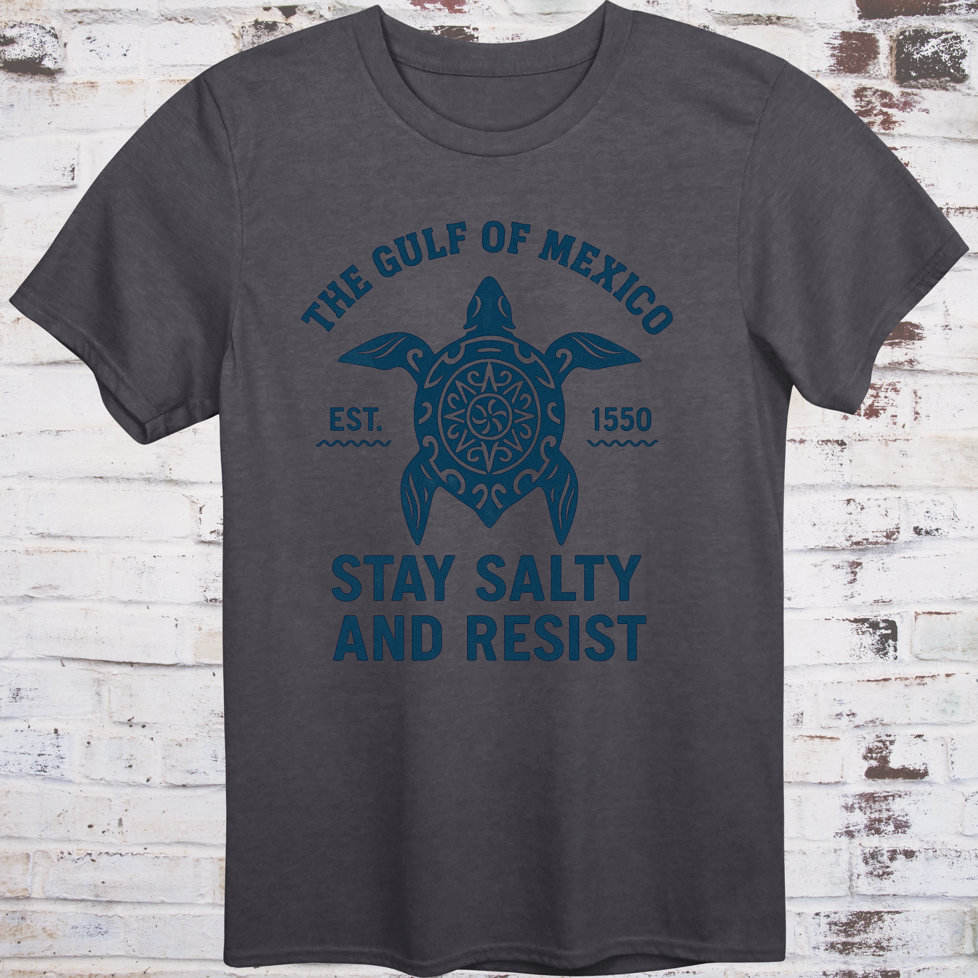 Tribal‑style sea turtle artwork with text “Stay Salty and Resist — Gulf of America (formerly Gulf of Mexico)”