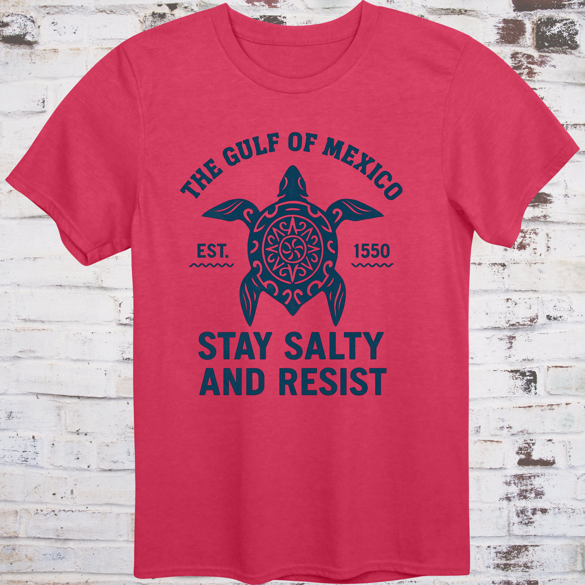Tribal‑style sea turtle artwork with text “Stay Salty and Resist — Gulf of America (formerly Gulf of Mexico)”