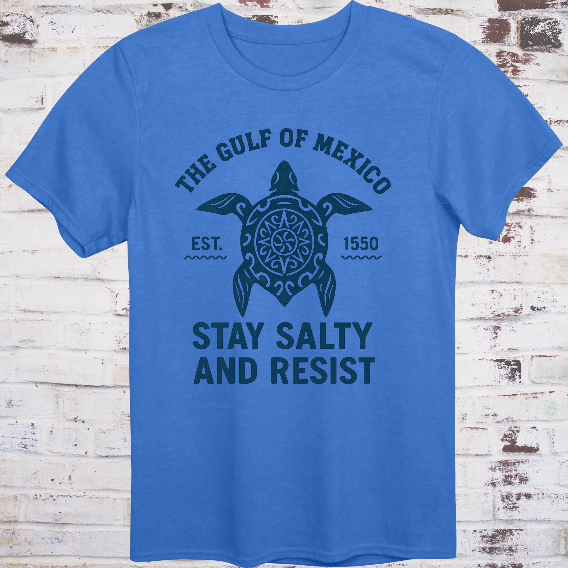 Tribal‑style sea turtle artwork with text “Stay Salty and Resist — Gulf of America (formerly Gulf of Mexico)”