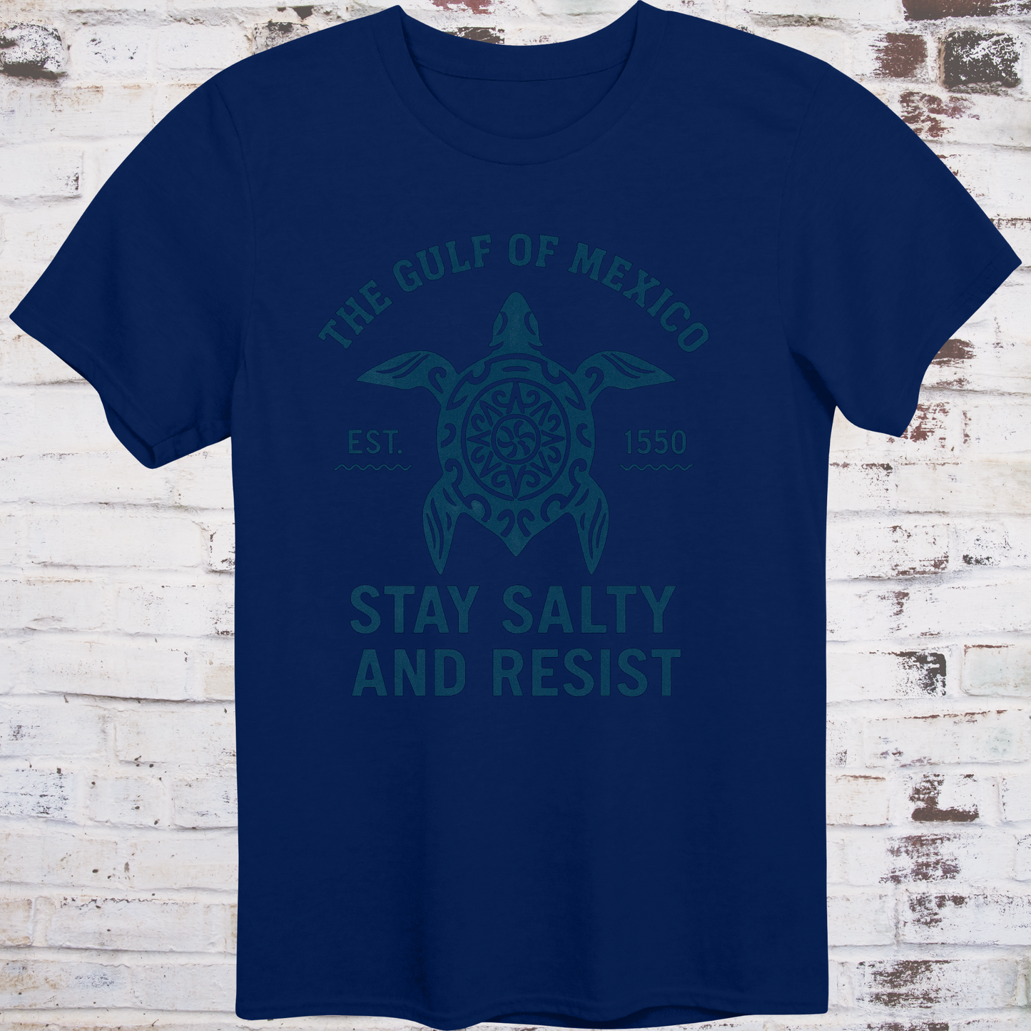 Tribal‑style sea turtle artwork with text “Stay Salty and Resist — Gulf of America (formerly Gulf of Mexico)”