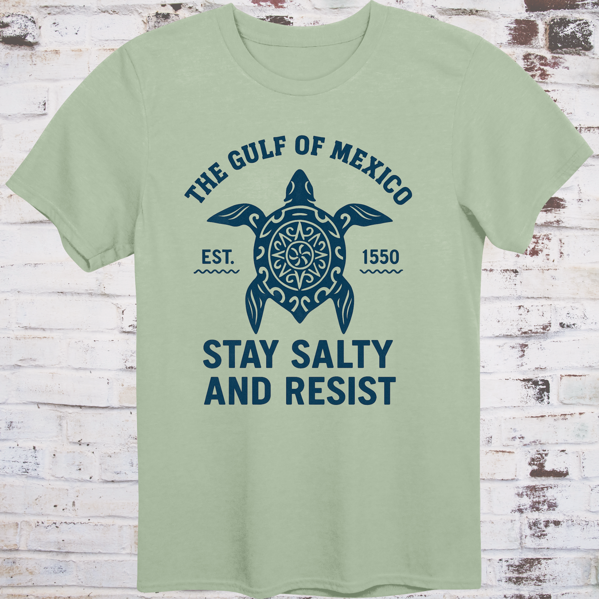 Tribal‑style sea turtle artwork with text “Stay Salty and Resist — Gulf of America (formerly Gulf of Mexico)”