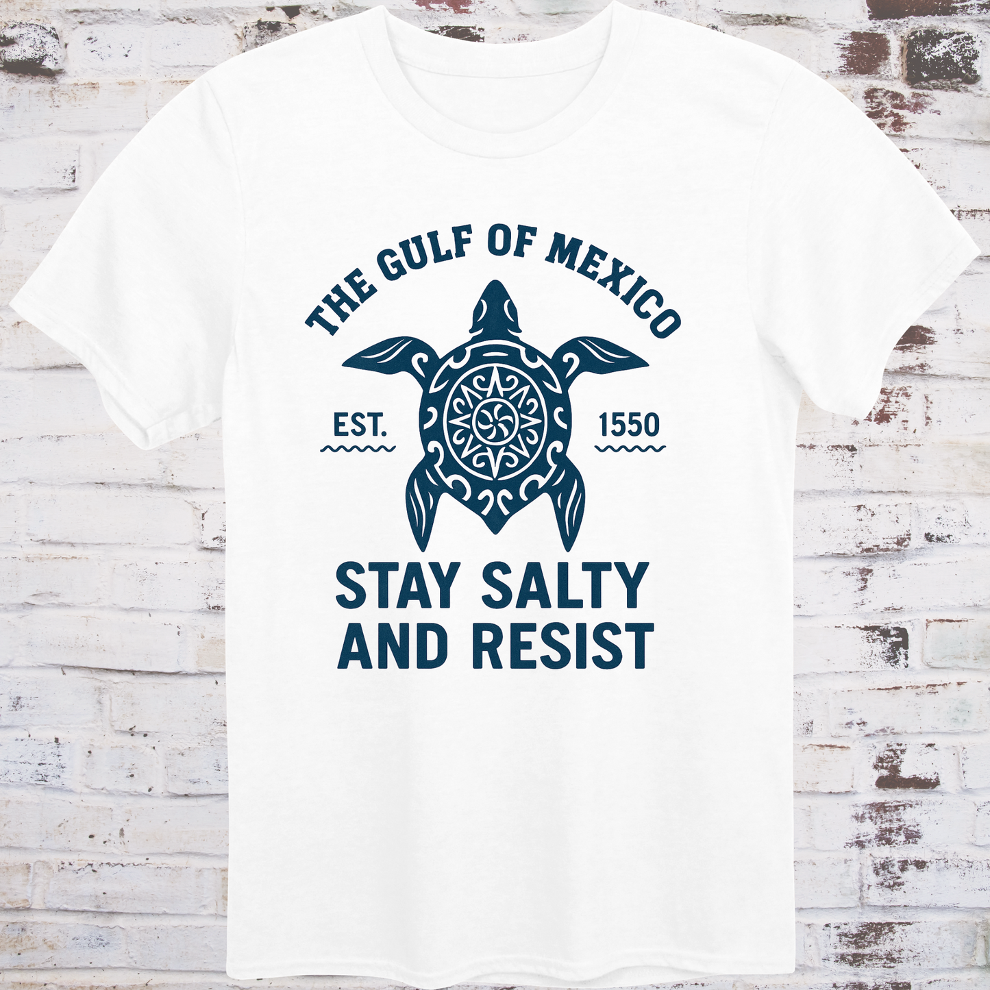 Tribal‑style sea turtle artwork with text “Stay Salty and Resist — Gulf of America (formerly Gulf of Mexico)”