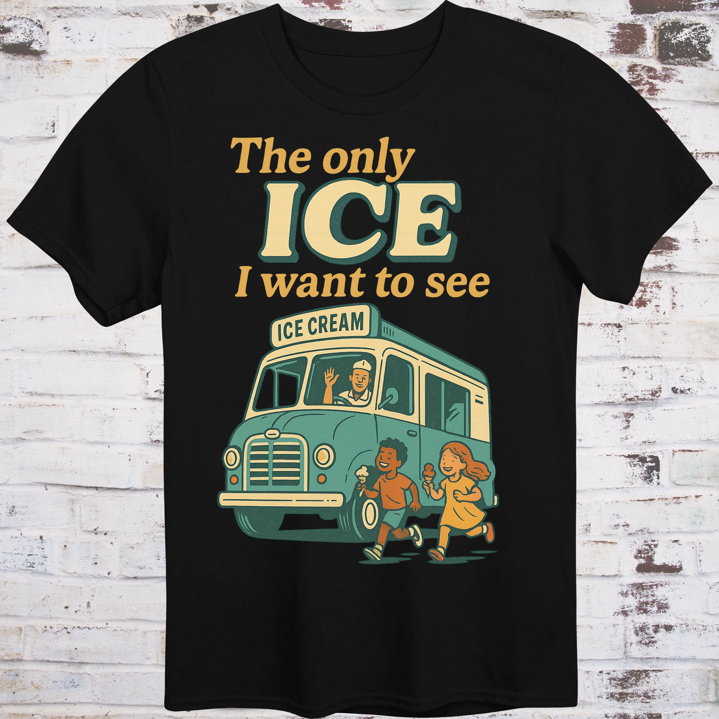 Black t-shirt with an ice cream truck graphic and text on a wooden background