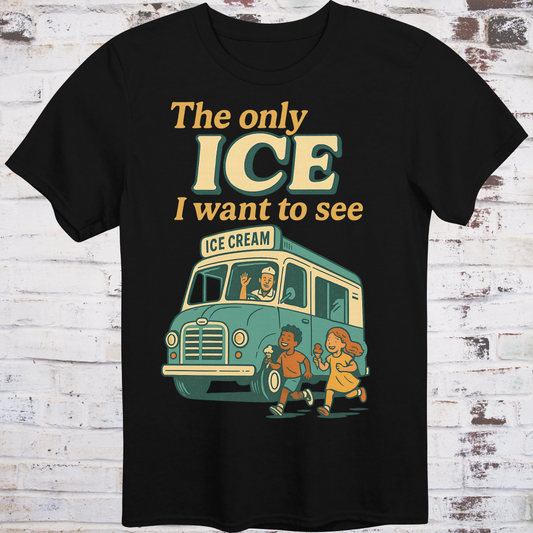 Black t-shirt with an ice cream truck graphic and text on a wooden background