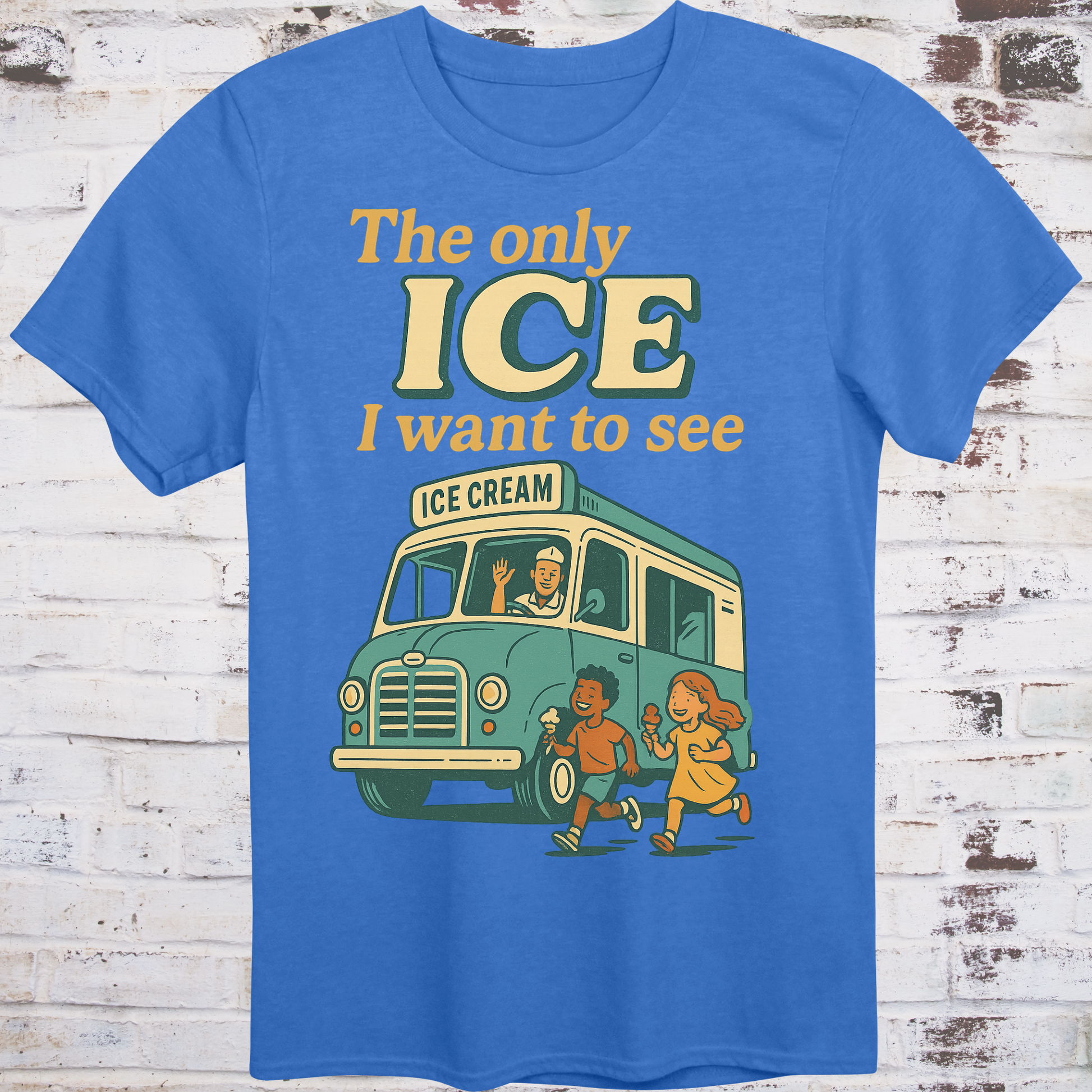 Blue t-shirt with an ice cream truck graphic and text on a wooden background