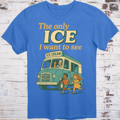 Blue t-shirt with an ice cream truck graphic and text on a wooden background