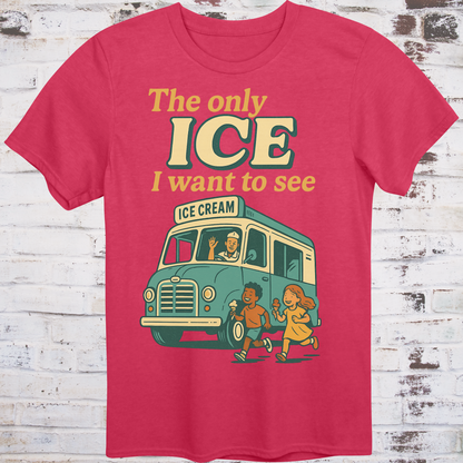 Red t-shirt with an ice cream truck graphic and text on a wooden background