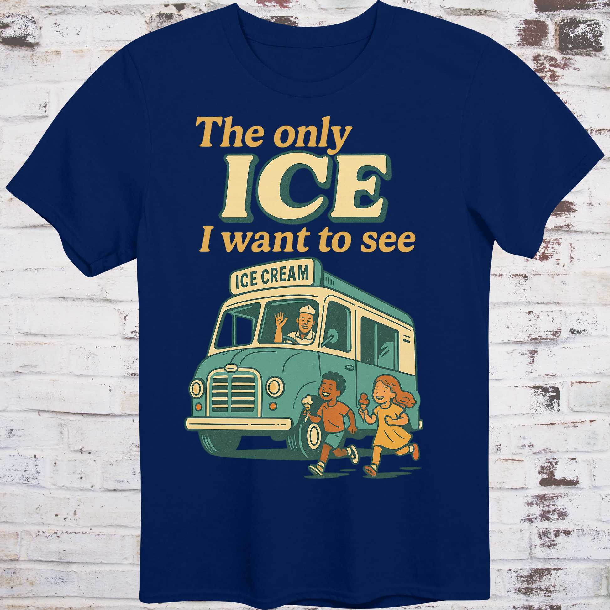 Navy blue t-shirt with an ice cream truck graphic and text on a wooden background