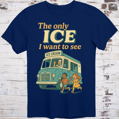 Navy blue t-shirt with an ice cream truck graphic and text on a wooden background