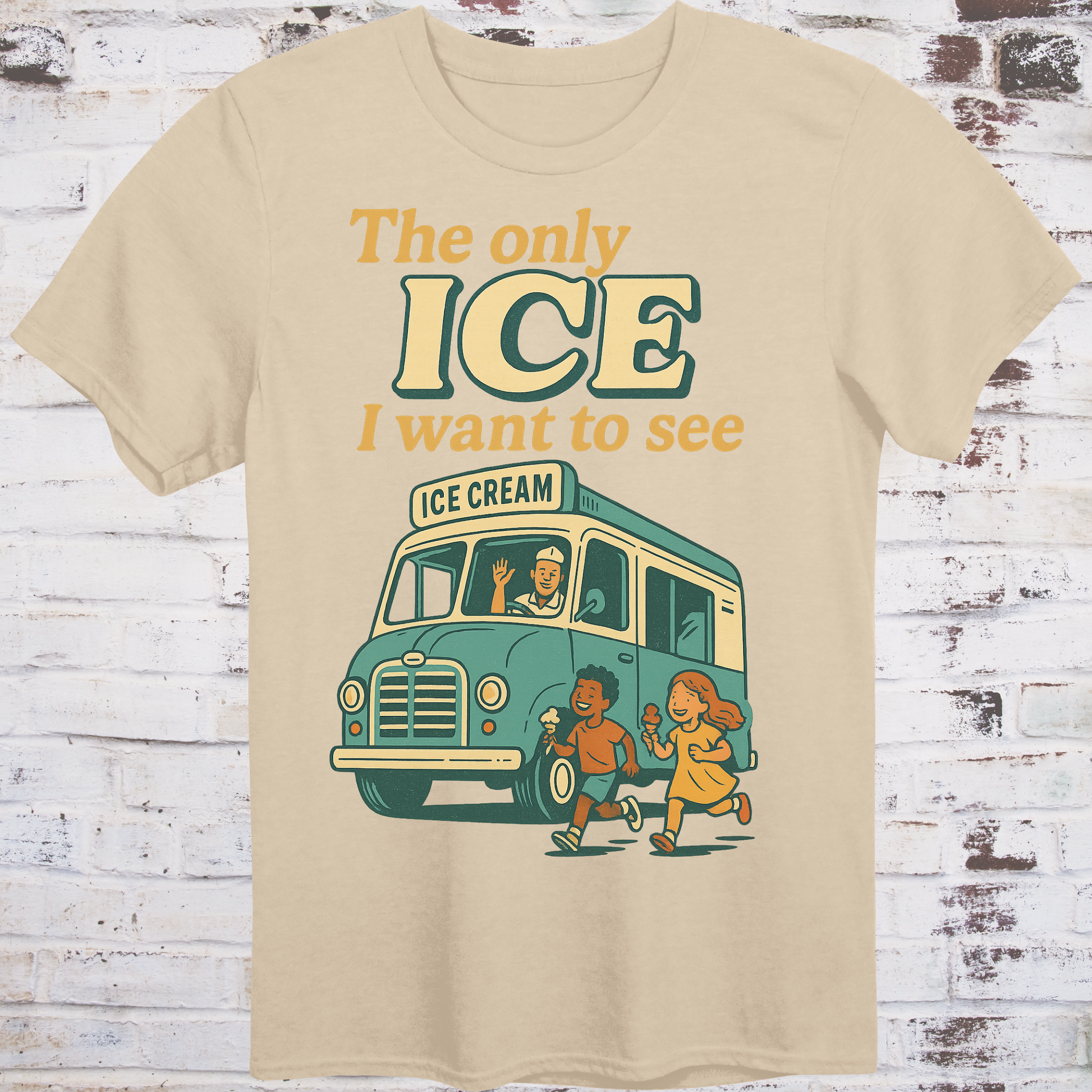 Beige t-shirt with ice cream truck graphic and text on a wooden background
