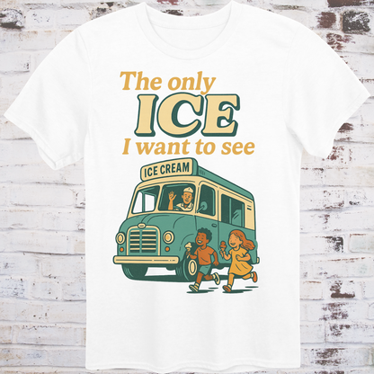White t-shirt with an ice cream truck graphic and text on a wooden background
